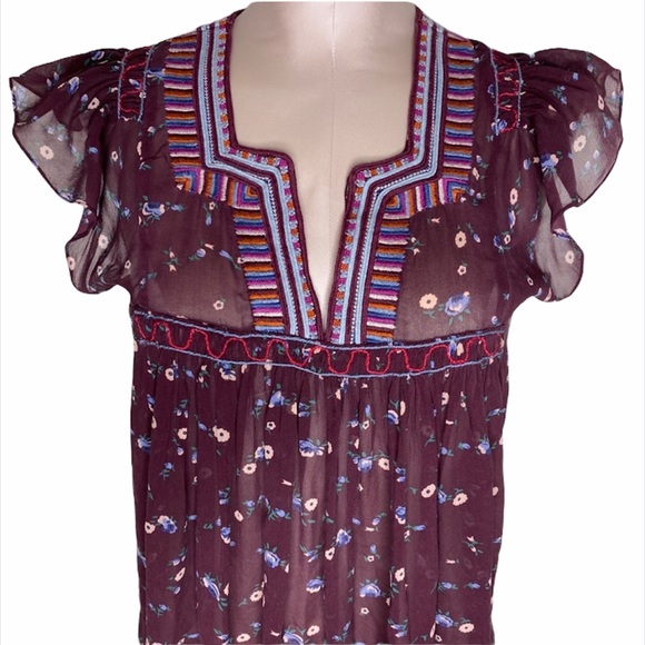 Ulla Johson Silk Floral Sheer Blouse Top Boho Bohemian Peasant Sz 4 - Picture 4 of 16